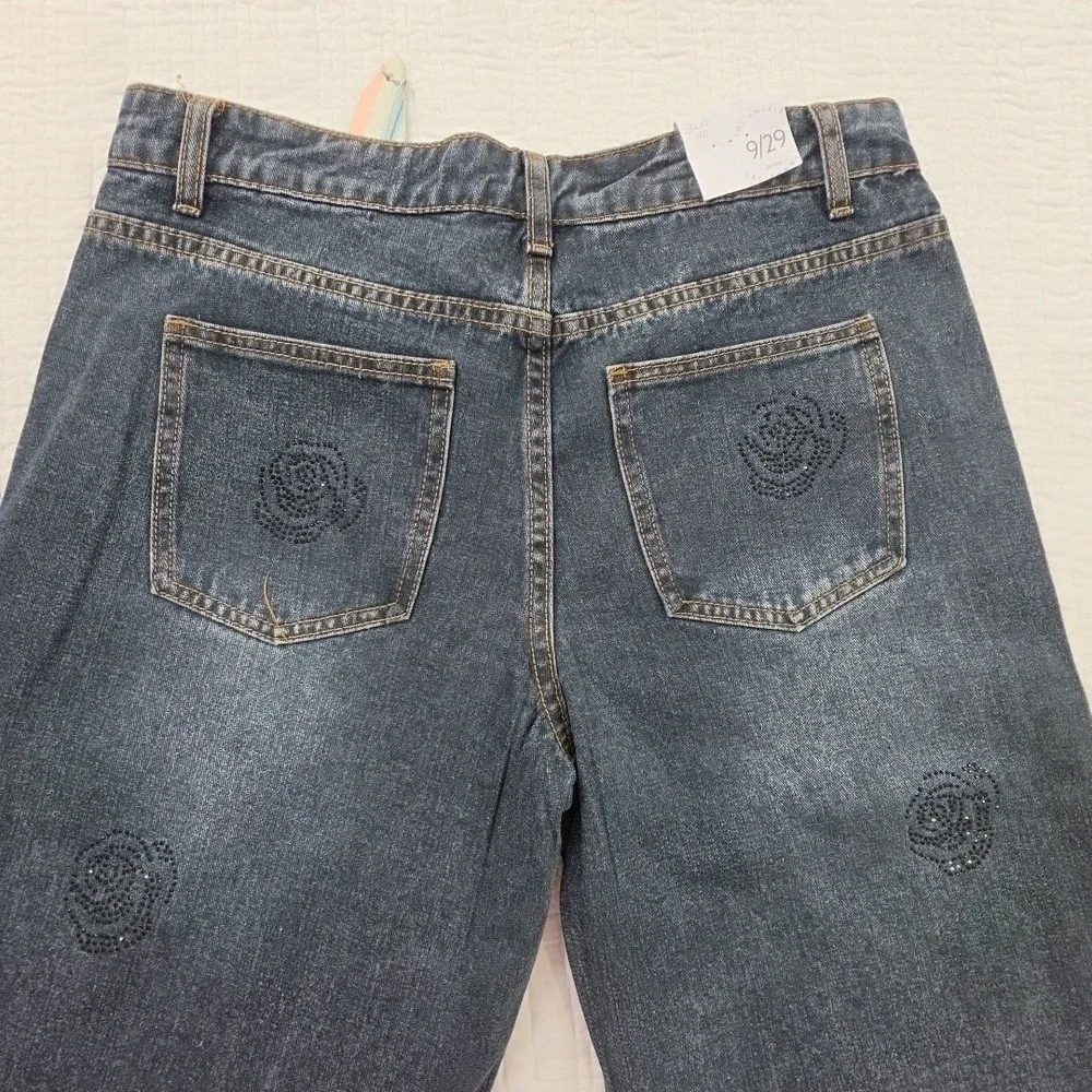 Cali 1850 Jeans Womens 9/29 Medium Wash Rhinestones NEW Wide Leg Relaxed NWT‎